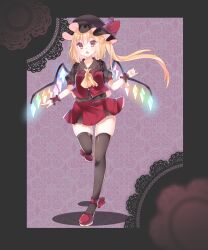 Rule 34 | 1girl, adapted costume, ascot, black border, black hat, black shirt, black thighhighs, blonde hair, border, collared shirt, crystal, flandre scarlet, frilled shirt collar, frills, full body, glowing, glowing wings, hair between eyes, hat, highres, long hair, miniskirt, mob cap, multicolored wings, open mouth, puffy short sleeves, puffy sleeves, red footwear, red skirt, red vest, sakuraame1202, shirt, short sleeves, skirt, solo, standing, standing on one leg, thighhighs, touhou, vest, wings, wrist cuffs, yellow ascot