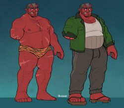 Rule 34 | 1boy, absurdres, amputee, animal print, back hair, bara, belly, black hair, chiseled face, colored skin, demon boy, demon horns, fat, fat man, foot hair, full body, hairy, hand hair, highres, hiroto (dick gumshoe), horns, huge eyebrows, jacket, large feet, large hands, large pectorals, loincloth, male focus, mature male, monster boy, multiple views, muscular, muscular male, navel, navel hair, nipples, notched ear, oni, open clothes, open jacket, original, pants, pectoral cleavage, pectorals, pointy ears, purple eyes, racesolar, red oni, red skin, scar, scars all over, second-party source, short hair, skin-covered horns, slippers, sparse chest hair, sparse leg hair, sparse navel hair, standing, stomach, strongman waist, thick arm hair, thick thighs, thighs, tiger print, too many, scars all over, topless male, track pants, tusks
