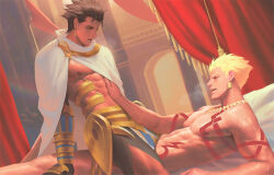Rule 34 | 2boys, abs, bara, bed, black gloves, black hair, blonde hair, body markings, cape, earrings, fate/grand order, fate (series), gilgamesh (fate), gloves, jewelry, large pectorals, lying, male focus, multiple boys, muscular, muscular male, navel, nipples, on back, on bed, ozymandias (fate), paid reward available, pectorals, penguin frontier, short hair, sitting, sitting on person, spiked hair, white cape, yaoi