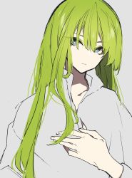 Rule 34 | androgynous, blue eyes, closed mouth, enkidu (fate), fate/strange fake, fate (series), gender request, green hair, grey background, highres, long hair, looking at viewer, mochizuki kei, simple background, solo