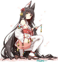 Rule 34 | 1girl, animal ear fluff, animal ears, ass, azur lane, black hair, blunt bangs, breasts, brown eyes, commentary request, detached sleeves, fox ears, fox girl, from side, hair ornament, highres, holding, holding own hair, japanese clothes, kimono, long hair, looking at viewer, nagato (azur lane), obi, panties, red panties, sandals, sash, short kimono, sideboob, small breasts, smile, solo, squatting, thighhighs, thighs, umyonge (lkakeu), underwear, very long hair, white kimono, white sleeves, white thighhighs