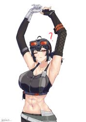 Rule 34 | 1girl, ;/, ?, abs, absurdres, ahoge, arm pouch, arm warmers, armpits, arms up, asymmetrical gloves, bare shoulders, belt, black choker, black gloves, black hair, black pants, black sports bra, breasts, cape, choker, cleavage, closed mouth, collarbone, commentary, cowboy shot, english commentary, fingerless gloves, fishnet gloves, fishnets, furrowed brow, gloves, goggles, goggles on head, grace howard, grey belt, groin, hair between eyes, highres, ichii 19, large breasts, long hair, midriff, mismatched gloves, navel, one eye closed, orange eyes, pants, ponytail, sidelocks, simple background, single fingerless glove, solo, sports bra, standing, stomach, stretching, sweat, toned female, twitter username, waist cape, white background, white cape, white gloves, yawning, zenless zone zero, zipper, zipper pull tab