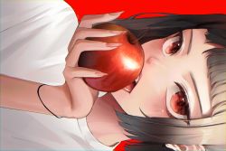 Rule 34 | 1girl, absurdres, apple, biting, black hair, blunt ends, blush, bracelet, commentary, english commentary, fingernails, food, fruit, hand up, highres, holding, holding food, holding fruit, jewelry, kapo, looking at viewer, medium hair, open mouth, original, red background, red eyes, shirt, solo, white shirt