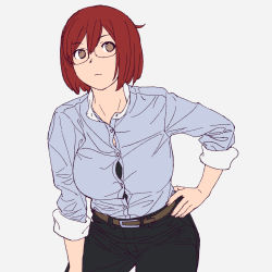 Rule 34 | 1girl, belt, black pants, blue shirt, breasts, brown belt, brown eyes, buttons, closed mouth, cowboy shot, glasses, grey background, hand on own hip, highres, large breasts, leaning forward, looking at viewer, onsen tamago (hs egg), original, pants, red hair, shirt, shirt tucked in, short hair, simple background, sleeves rolled up, solo, taeko (onsen tamago)