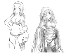 Rule 34 | blush, bra, clothes lift, final fantasy, final fantasy tactics, garter belt, garter straps, greyscale, hairband, hand on own hip, hood, kara (color), lingerie, monochrome, robe, simple background, skirt, skirt lift, smile, squire (fft), thighhighs, twintails, underwear, white background, white mage, white mage (fft), white mage (final fantasy)