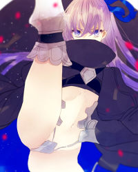 Rule 34 | 10s, 1girl, black coat, blue eyes, blue ribbon, blurry, coat, covered mouth, crotch plate, dekoyama, depth of field, fate/extra, fate/extra ccc, fate (series), floating hair, hair ribbon, highres, leg up, long hair, long sleeves, looking at viewer, meltryllis (fate), navel, ribbon, solo, split, standing, standing on one leg, thighs