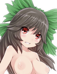 Rule 34 | 1girl, alcohol (coldfront), bad id, bad pixiv id, black hair, blush, bow, breasts, collarbone, female focus, green ribbon, hair bow, hair ribbon, highres, nipples, nude, open mouth, red eyes, reiuji utsuho, ribbon, solo, touhou, upper body