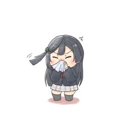Rule 34 | 1girl, black hair, black jacket, black socks, blazer, blowing nose, blush, bow, bowtie, checkered clothes, checkered skirt, chibi, closed eyes, commentary request, covering own mouth, hair between eyes, hair ornament, hairclip, handkerchief, hands up, holding, holding handkerchief, jacket, long hair, long sleeves, love live!, love live! nijigasaki high school idol club, okayu (yumi926), puffy cheeks, red bow, red bowtie, sidelocks, skirt, sneezing, socks, solo, standing, tree hair ornament, white background, white skirt, yuki setsuna (love live!)