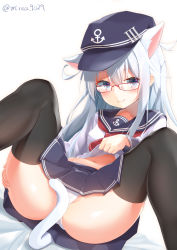 Rule 34 | 10s, 1girl, absurdres, anchor symbol, animal ears, bespectacled, black skirt, black thighhighs, blue eyes, cat ears, cat tail, clothes lift, flat cap, glasses, hat, hibiki (kancolle), highres, kantai collection, kemonomimi mode, lips, long hair, looking at viewer, lying, mirea, on back, panties, pleated skirt, renka (llawliet39), school uniform, serafuku, shirt lift, silver hair, skirt, smile, solo, spread legs, tail, thighhighs, thighs, underwear, white panties