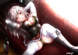 Rule 34 | 1girl, baileys (tranquillity650), blush, boots, bottle, breasts, corset, couch, green panties, grey hair, hair between eyes, highres, kantai collection, large breasts, long hair, looking at viewer, lying, miniskirt, open mouth, panties, pantyshot, pola (kancolle), red eyes, skirt, solo, thighhighs, underwear, white thighhighs, wine bottle
