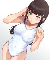 Rule 34 | 1girl, adjusting clothes, adjusting swimsuit, alp, black hair, blunt bangs, blush, breasts, breasts apart, chestnut mouth, clenched hand, collarbone, commentary, covered navel, cowboy shot, dutch angle, gradient background, green eyes, grey background, hair ornament, hairclip, hand in own hair, hand on own head, hands up, highres, hip bones, hip focus, kurosawa dia, legs together, long hair, looking at viewer, love live!, love live! sunshine!!, medium breasts, mole, mole under mouth, new school swimsuit, one-piece swimsuit, parted lips, school swimsuit, sidelocks, solo, standing, straight hair, strap lift, swimsuit, thigh gap, thighs, v-shaped eyebrows, white background, white one-piece swimsuit, white school swimsuit