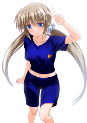 Rule 34 | 1girl, blue eyes, blue shirt, blue shorts, blush, breasts, brown hair, closed mouth, corona timir, engo (aquawatery), gym uniform, hair ribbon, long hair, looking at viewer, lyrical nanoha, mahou shoujo lyrical nanoha vivid, ribbon, shirt, shorts, simple background, small breasts, smile, solo, twintails, v, white background