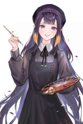 Rule 34 | 1girl, absurdres, beret, black dress, black hat, blue eyes, collared shirt, dress, grey shirt, hair behind ear, hat, highres, holding, holding paintbrush, holding palette, hololive, hololive english, light blush, long hair, looking at viewer, mole, mole under eye, ninomae ina&#039;nis, ninomae ina&#039;nis (casual), paintbrush, palette (object), parted lips, pointy ears, purple hair, shirt, smile, solo, very long hair, virtual youtuber, white background, xi liu
