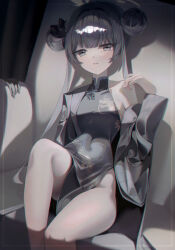 1girl absurdres black_dress black_hair blue_archive blush butterfly_hair_ornament china_dress chinese_clothes closed_mouth double_bun dragon_print dress gloves grey_eyes grey_jacket hair_between_eyes hair_bun hair_ornament haruhkr highres jacket kisaki_(blue_archive) long_hair looking_at_viewer on_chair sidelocks single_bare_shoulder sleeveless sleeveless_dress striped_clothes striped_jacket twintails unworn_gloves vertical-striped_clothes vertical-striped_jacket