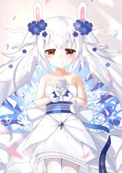 Rule 34 | 1girl, absurdres, animal ears, artist request, azur lane, bare shoulders, blush, bow, collarbone, dress, fake animal ears, flower, gloves, hair flower, hair ornament, hairband, highres, laffey (azur lane), laffey (white rabbit&#039;s oath) (azur lane), long hair, looking at viewer, own hands together, pantyhose, rabbit ears, red eyes, smile, solo, strapless, strapless dress, tears, twintails, waist bow, wedding dress, white dress, white gloves, white hair, white pantyhose, yomimafu