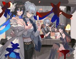 Rule 34 | 4girls, absurdres, ahoge, alternate costume, bartender, birthday, birthday party, black hair, black necktie, black pants, black thighhighs, blue hair, bronya zaychik, bronya zaychik (haxxor bunny), bronya zaychik (silverwing: n-ex), chinese commentary, closed mouth, cocktail shaker, colored inner hair, company connection, counter, couple, crossed bangs, crown, cup, dress, earrings, flower, grey eyes, greyscale, hair between eyes, hair flaps, hair flower, hair ornament, hand on another&#039;s back, hand on own chin, happy, highres, holding, holding cup, holding shakerl, honkai (series), honkai impact 3rd, indoors, jewelry, looking at another, midriff, mie xing, monochrome, multicolored hair, multiple girls, navel, necktie, open mouth, pants, red eyes, red hair, seele (alter ego), seele vollerei, seele vollerei (herrscher of rebirth), seele vollerei (starchasm nyx), sitting, smile, standing, streaked hair, thighhighs, unfinished, white dress, white flower, yuri