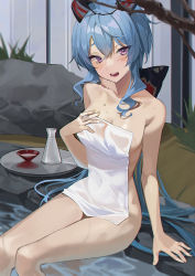 Rule 34 | 1girl, alcohol, arm support, blue hair, blush, bow, breasts, buri (retty9349), cleavage, colored eyelashes, covering privates, ganyu (genshin impact), genshin impact, hair between eyes, hand on own chest, highres, horns, long hair, looking at viewer, medium breasts, naked towel, nude, nude cover, onsen, open mouth, parted bangs, purple eyes, sake, sidelocks, sitting, smile, solo, thighs, towel, wooden floor