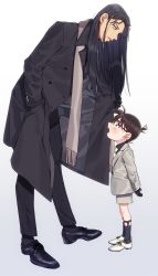 Rule 34 | 2boys, akai shuuichi, arms behind back, black-framed eyewear, black coat, black footwear, black gloves, black hair, black legwear, black pants, black shirt, blue eyes, blush, brown hair, child, coat, collared shirt, commentary request, edogawa conan, eye contact, formal, full body, garter straps, glasses, gloves, green eyes, grey background, grey jacket, grey neckwear, grey shorts, hair between eyes, hand in pocket, height difference, highres, jacket, k (gear labo), leaning forward, long hair, looking at another, looking down, looking up, male focus, meitantei conan, multiple boys, necktie, open clothes, open coat, open mouth, pants, shin strap, shirt, shoes, short hair, shorts, simple background, smile, socks, standing, white footwear