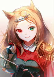 Rule 34 | 1girl, animal ears, archetto (arknights), arknights, arrow (projectile), black gloves, blonde hair, breasts, cape, closed mouth, epaulettes, forehead, gloves, gradient background, green eyes, head tilt, heart, heart-shaped pupils, heterochromia, highres, holding, holding arrow, holding weapon, lipstick, long hair, looking at viewer, makeup, medium breasts, partially fingerless gloves, red cape, red eyes, shir l1, shoes, signature, smile, solo, symbol-shaped pupils, tiara, upper body, very long hair, weapon, yellow background