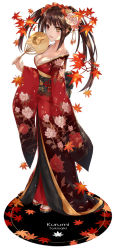 Rule 34 | 1girl, :d, asle, autumn leaves, black footwear, black hair, breasts, brown eyes, character name, cleavage, collarbone, commentary request, date a live, floral print, hand fan, heterochromia, holding, holding fan, japanese clothes, kimono, leaf, long hair, long sleeves, maple leaf, medium breasts, obi, open mouth, paper fan, print kimono, red eyes, red kimono, sash, smile, solo, standing, tokisaki kurumi, twintails, uchiwa, v-shaped eyebrows, white background, wide sleeves