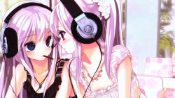 Rule 34 | 2girls, blue eyes, cropped, dress, eye contact, food, headphones, looking at another, multiple girls, original, pink hair, pocky, purple hair, red eyes, ribbon, tsukigami runa