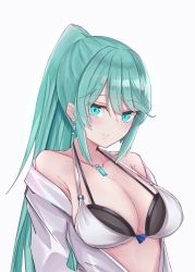 Rule 34 | 1girl, absurdres, bare shoulders, bikini, black bikini, breasts, cleavage, earrings, green eyes, green hair, highres, jacket, jewelry, large breasts, light blush, long hair, open clothes, open jacket, pneuma (xenoblade), ponytail, sarasadou dan, simple background, smile, solo, spoilers, swept bangs, swimsuit, upper body, very long hair, white background, white bikini, xenoblade chronicles (series), xenoblade chronicles 2