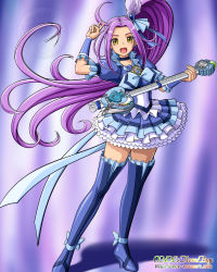Rule 34 | 10s, 1girl, bad id, bad pixiv id, blue footwear, blue skirt, boots, choker, cure beat, earrings, electric guitar, frilled skirt, frills, guitar, hair ribbon, heart, highres, instrument, jewelry, kurokawa eren, long hair, looking at viewer, magical girl, onoe, open mouth, precure, purple hair, ribbon, seiren (suite precure), side ponytail, skirt, solo, suite precure, thigh boots, thighhighs, v, watermark, web address, yellow eyes