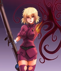 Rule 34 | 1girl, anti-materiel rifle, blonde hair, breasts, cannon, energy, fangs, glowing, glowing eyes, gun, hellsing, hellsing 30mm anti-tank cannon harkonnen, highres, hybridmink, large breasts, long gun, looking at viewer, monster girl, red eyes, rifle, seras victoria, sniper rifle, solo, vampire, weapon