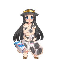 Rule 34 | 1girl, :o, aged down, animal print, bare shoulders, black hair, blue eyes, blunt bangs, blush, boots, breasts, brown footwear, child, colored eyelashes, cow horns, cow print, dress, eyebrows, female focus, fur-trimmed boots, fur trim, hair flaps, hand on own chest, hand on own stomach, headdress, horns, kusaka souji, legs apart, long hair, looking at viewer, milk carton, miru holstein, nose blush, off shoulder, official art, open mouth, short sleeves, sidelocks, solo, standing, straight hair, tiara, transparent background, uchi no hime-sama ga ichiban kawaii, very long hair, wide-eyed