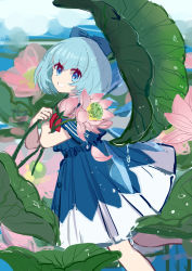 Rule 34 | 1girl, absurdres, blue bow, blue dress, blue eyes, blue hair, blue sleeves, bow, cirno, closed mouth, collar, collared dress, dress, eyes visible through hair, flower, hair between eyes, hands up, highres, ice, ice wings, lake, leaf, looking at viewer, pink flower, shadow, shocho (shaojiujiu), short hair, short sleeves, smile, solo, teeth, touhou, wings