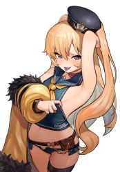 Rule 34 | 1girl, :p, arm up, armpits, azur lane, bache (azur lane), bare shoulders, belt, black hat, blonde hair, blush, breasts, chain, collar, fang, fishnet thighhighs, fishnets, fur-trimmed jacket, fur trim, greentanuki, hair between eyes, hat, highres, jacket, long hair, looking at viewer, micro shorts, navel, open mouth, purple eyes, red collar, sailor collar, shorts, sideboob, simple background, single thighhigh, small breasts, smile, solo, thighhighs, tongue, tongue out, two side up, white background, yellow jacket