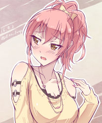 Rule 34 | 10s, 1girl, bare shoulders, blush, bow, breasts, casual, cleavage, clothing cutout, collarbone, dated, e20, earrings, hair bow, idolmaster, idolmaster cinderella girls, jewelry, jougasaki mika, long sleeves, looking away, medium breasts, nail polish, necklace, open mouth, pink hair, pink nails, ponytail, shoulder cutout, signature, solo, sweater, twitter username, yellow eyes