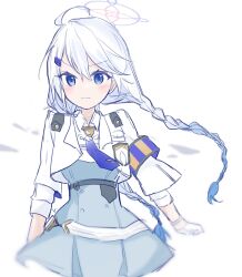 Rule 34 | 1girl, ahoge, armband, blue archive, blue eyes, blush, braid, gloves, grey hair, hair between eyes, halo, highres, kirino (blue archive), long hair, melonpan (mimichi03), necktie, purple halo, sleeves past elbows, solo, twin braids, twintails, white background, white gloves