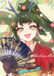 Rule 34 | 1girl, :d, black gloves, blush, chinese zodiac, earrings, eyeshadow, fangs, gloves, green hair, hand fan, highres, holding, holding fan, horns, japanese clothes, jewelry, kimono, kurosaki kana, looking at viewer, makeup, new year, open mouth, original, pointy ears, ponytail, red kimono, skin fangs, slit pupils, smile, solo, thick eyebrows, twitter username, upper body, year of the dragon, yellow eyes