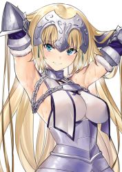 Rule 34 | 1girl, absurdres, armpits, blonde hair, blue eyes, breasts, chain, elbow gloves, fate/apocrypha, fate/grand order, fate (series), gloves, hands in hair, highres, jeanne d&#039;arc (fate), jeanne d&#039;arc (ruler) (fate), jeanne d&#039;arc (third ascension) (fate), jikatarou, large breasts, long hair, smile, sweat, very long hair, white background