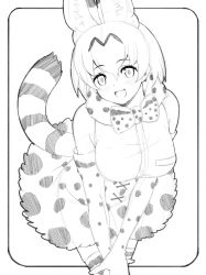 Rule 34 | 1girl, :d, animal ear fluff, animal ears, bare shoulders, bow, bowtie, breasts, commentary, deku suke, elbow gloves, extra ears, gloves, greyscale, hair between eyes, highres, kemono friends, large breasts, leaning forward, looking at viewer, monochrome, open mouth, print bow, print bowtie, print gloves, print skirt, print thighhighs, serval (kemono friends), serval print, shirt, short hair, simple background, skirt, sleeveless, sleeveless shirt, smile, solo, striped tail, tail, thighhighs