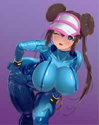 1girl alternate_breast_size alternate_costume blue_eyes blush bodysuit breasts brown_hair cosplay covered_erect_nipples creatures_(company) crossover domoipetti female_focus game_freak hat large_breasts long_hair metroid nintendo one_eye_closed pokemon pokemon_bw2 purple_background rosa_(pokemon) samus_aran samus_aran_(cosplay) solo thick_thighs thigh_gap thighs tight_clothes tight_suit twintails wide_hips zero_suit