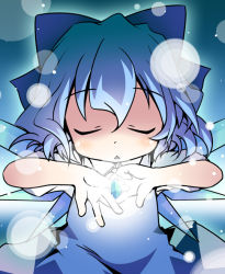Rule 34 | 1girl, blue hair, blush, bow, cirno, dress, closed eyes, hair bow, ham (points), ice, ice wings, open mouth, short hair, solo, touhou, wings