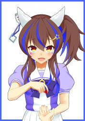 Rule 34 | 1girl, animal ears, ao komhur, blue border, blush, border, bow, candy, colored inner hair, commentary request, daitaku helios (umamusume), disembodied hand, ear covers, ear piercing, facial tattoo, fang, food, highres, holding, holding candy, holding food, holding hands, horse ears, horse girl, medium hair, multicolored hair, open mouth, piercing, puffy short sleeves, puffy sleeves, purple bow, purple shirt, sailor collar, shirt, short sleeves, side ponytail, simple background, skin fang, skirt, smile, solo focus, streaked hair, tattoo, umamusume, white background, white skirt