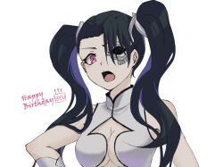 Rule 34 | 1girl, arrancar, bare shoulders, black hair, bleach, breasts, closed mouth, commentary request, forehead, hair over one eye, happy birthday, light blush, loly aivirrne, long bangs, long hair, looking at viewer, medium breasts, one eye covered, open mouth, pink eyes, shirt, simple background, sleeveless, sleeveless shirt, solo, sumire 1046, twintails, upper body, v-shaped eyebrows, white background, white shirt