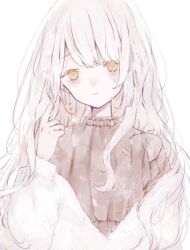 Rule 34 | 1girl, blush, brown dress, closed mouth, dress, earrings, hand up, jacket, jewelry, kotono n0, long hair, long sleeves, looking at viewer, original, shirt, sidelocks, simple background, solo, upper body, white background, white hair, white jacket, yellow eyes