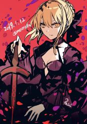 Rule 34 | 1girl, artoria pendragon (all), artoria pendragon (fate), black dress, black ribbon, blonde hair, braid, breasts, cleavage, closed mouth, collarbone, dated, dress, excalibur morgan (fate), fate/grand order, fate (series), french braid, frilled sleeves, frills, gothic lolita, hair bun, hair ribbon, halter dress, halterneck, highres, holding, holding sword, holding weapon, lolita fashion, long hair, long sleeves, medium breasts, red background, ribbon, rioka (southern blue sky), saber alter, serious, single hair bun, solo, sword, twitter username, upper body, weapon, yellow eyes