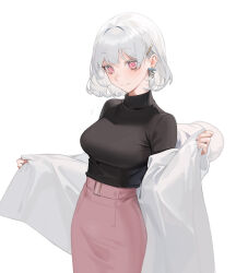 Rule 34 | 1girl, black sweater, breasts, brown skirt, closed mouth, commentary request, ear piercing, earrings, hair behind ear, hair between eyes, hair intakes, hair ornament, hairclip, highres, jacket, jewelry, large breasts, long hair, long sleeves, looking at viewer, nacchan (ohisashiburi), off shoulder, ohisashiburi, original, pencil skirt, piercing, pink eyes, revision, see-through, short hair, simple background, skirt, smile, solo, sweater, sweater tucked in, undressing, white background, white jacket