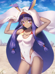 Rule 34 | 1girl, animal ears, armpits, arms up, bare arms, bare shoulders, blanket, blue sky, blunt bangs, breasts, cleavage, closed mouth, cloud, collarbone, competition swimsuit, contrapposto, covered navel, dark-skinned female, dark skin, day, desert, earrings, face, fate/grand order, fate (series), glint, hair tubes, hairband, handheld game console, hoop earrings, jewelry, lens flare, long hair, looking at viewer, low-tied long hair, medium breasts, medjed (fate), necklace, nintendo ds, nitocris (fate), nitocris (fate/grand order), nitocris (swimsuit assassin) (fate), nitocris (swimsuit assassin) (second ascension) (fate), one-piece swimsuit, outdoors, purple eyes, purple hair, rabbit ears, roang, sidelocks, sky, smile, solo, standing, swimsuit, thighs, tsurime, very long hair, white one-piece swimsuit