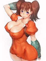 Rule 34 | 10s, 1girl, arm behind back, arm behind head, arm up, blush, breasts, brown hair, cameltoe, cleavage, covered erect nipples, covered navel, cowboy shot, curvy, diane (nanatsu no taizai), elbow gloves, embarrassed, female focus, fingerless gloves, from side, fumio (rsqkr), gloves, hair between eyes, hip focus, large breasts, leotard, light smile, looking at viewer, nanatsu no taizai, puffy short sleeves, puffy sleeves, purple eyes, raised eyebrows, short hair, short sleeves, short twintails, simple background, sketch, skin tight, smile, solo, taut clothes, thick thighs, thighs, twintails, unfastened, unitard, white background, wide hips