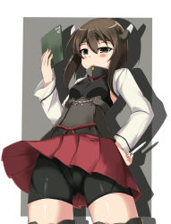 Rule 34 | 10s, 1girl, armor, bike shorts, bin1998, brown eyes, brown hair, clipboard, from below, hand on own hip, headband, highres, kantai collection, looking at viewer, pen, short hair, solo, taihou (kancolle), thighhighs, upskirt