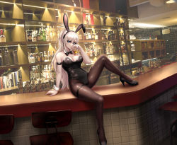 Rule 34 | 1girl, absurdres, alcohol, animal ears, armband, bad id, bad pixiv id, bar (place), bare shoulders, black eyeshadow, black footwear, black leotard, black neckwear, blonde hair, blue eyes, blush, bottle, bow, breasts, brown pantyhose, chair, cleavage, closed mouth, cup, dungeon and fighter, eyebrows, eyeshadow, fake animal ears, fingernails, floppy ears, high heels, highres, holding, holding cup, indoors, kie (wylee2212), large breasts, leotard, long hair, looking at viewer, makeup, pantyhose, platinum blonde hair, playboy bunny, ponytail, rabbit ears, shiny clothes, sitting, smile, solo, thigh strap
