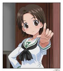 Rule 34 | 10s, 1girl, artist name, bad id, bad twitter id, black border, black neckerchief, blouse, border, brown eyes, brown hair, closed mouth, commentary, dated, girls und panzer, hand on own hip, indoors, long sleeves, looking at viewer, neckerchief, nyororiso (muyaa), ooarai school uniform, parted bangs, pointing, pointing at viewer, sawa azusa, school uniform, serafuku, shirt, short hair, signature, smile, solo, standing, upper body, white shirt