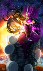 Rule 34 | 1girl, earth (planet), elsevilla, galacta, giant, giantess, helmet, highres, looking at viewer, marvel, planet, solo, space, star (sky), sun
