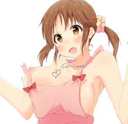 Rule 34 | 10s, 1girl, apron, bad id, bad pixiv id, blush, breasts, brown eyes, brown hair, heart, idolmaster, idolmaster cinderella girls, jewelry, large breasts, long hair, looking at viewer, naked apron, nipples, open mouth, pendant, shinose (sinose), simple background, solo, totoki airi, twintails, wardrobe malfunction, white background